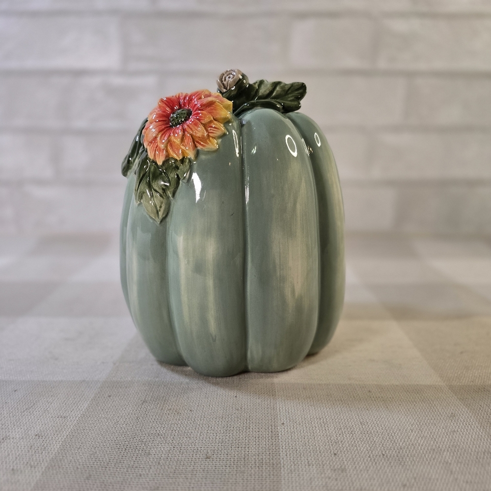 Fitz & Floyd Autumn Harvest Sage Green Ceramic Pumpkin Figurine Fall Decor